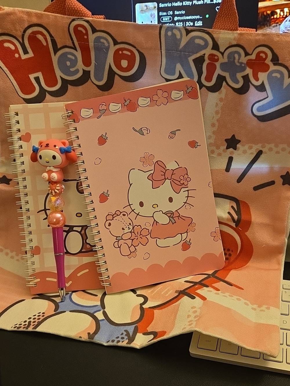 Hello Kitty Pink and White Spiral Notebook, Tote Bag & Matching Pen Set